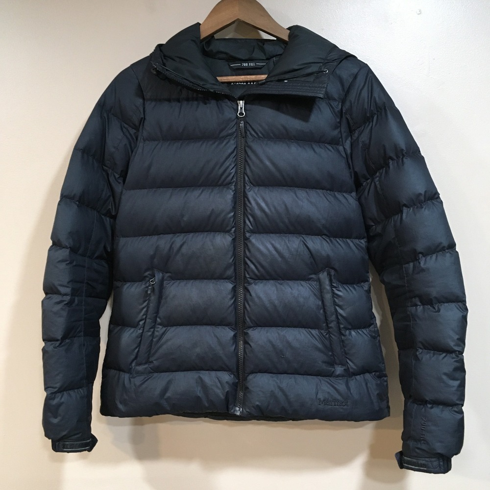Marmot 700 Down Puffer Jacket Womens Medium Black Hooded Insulated Coat FLAW